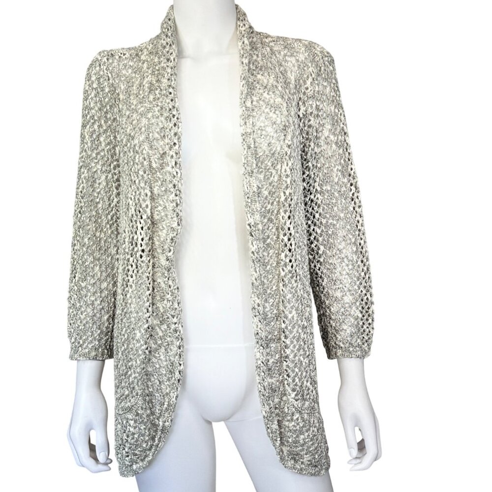 Chicos Womens Open-Knit Cardigan Lightweight Drape Front Gray Size 2 Cotton Blen